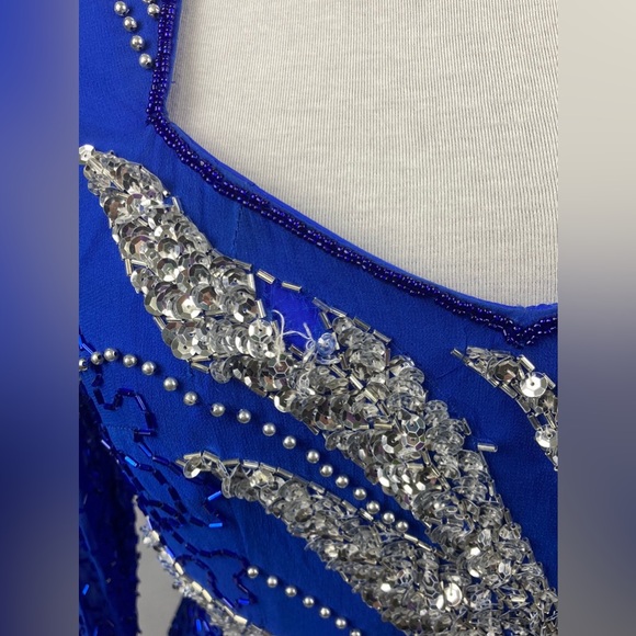 1980's Blue w/Silver Beaded Prom Formal Dress Vintage Women's Dress Small/ Med - Picture 5 of 5